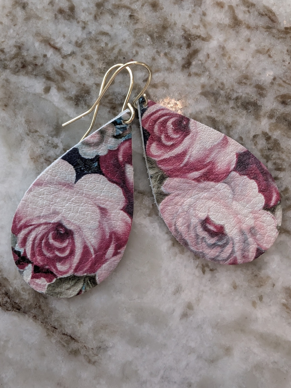 Leather Floral Rose Teardrop Earrings